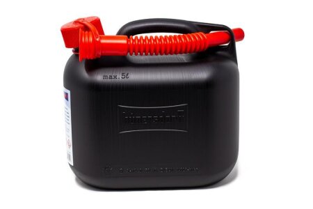 3 Kraftstoffkanister je 5 l, schwarz, für Benzin und Diesel, E10 geeignet mit Sicherheitsverschluss, inkl. Ausgießer