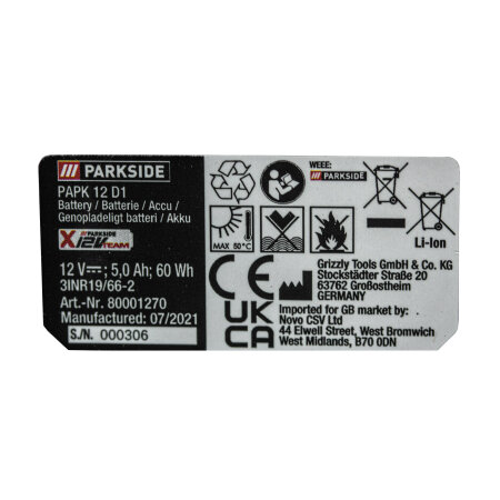 EU Parkside Akku Batterie für 39,99 12V PAPK Li-Ion Ah 12 der, 5,0 € D1 Geräte